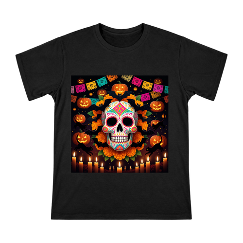 Sugar Skull Marigold Bat Halloween T-Shirt front [ai-pod:7b6ee78db8e20193c106f9f8be7fd676]