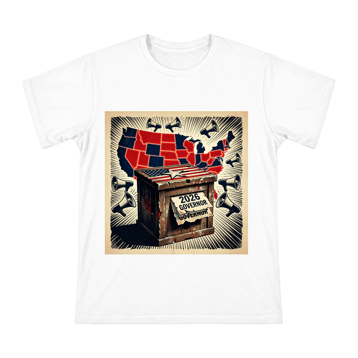 2026 Governor Election Retro Voting Box Men's Cotton T-Shirt front [ai-pod:38e2441ee8ee45dbefc151b02e625a6a]