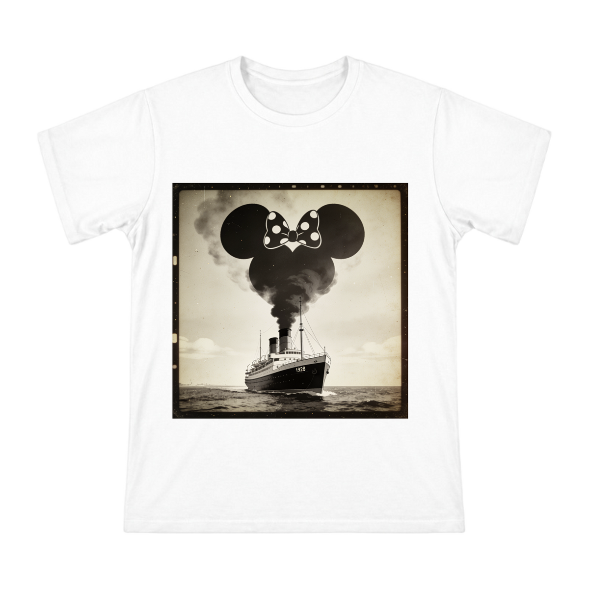 1928 Vintage Steamship and Minnie Mouse Silhouette Smoke Art Men's Cotton T-Shirt front [ai-pod:0d747c2d252227299b20a2545bc9441a]