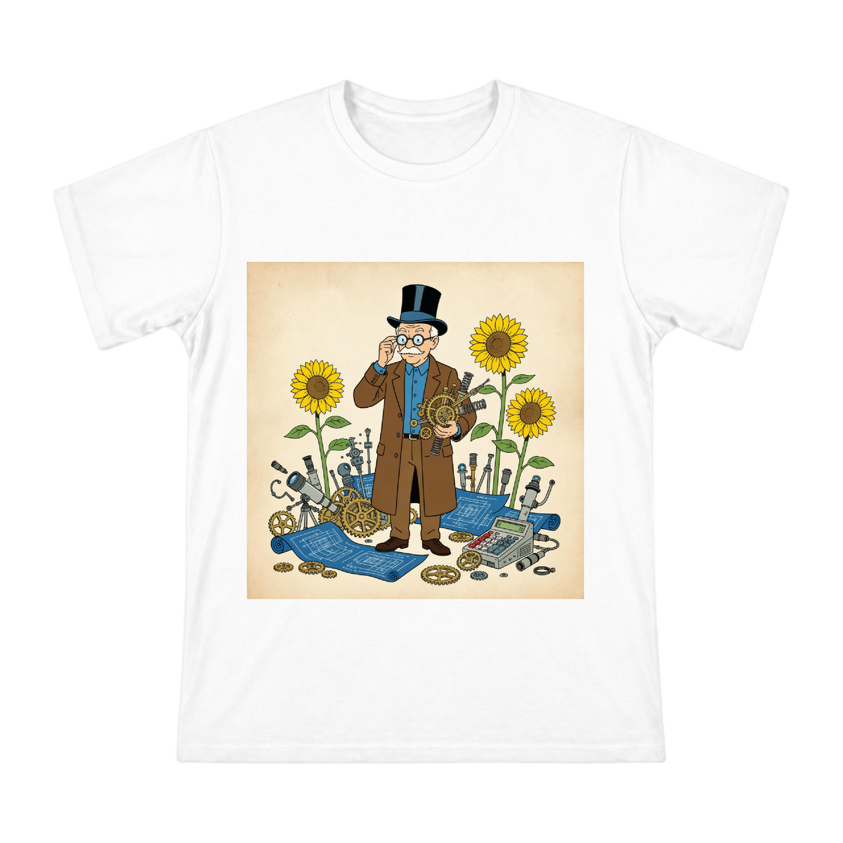 Steampunk Sunflower Professor Retro Invention Workshop Men's Short Sleeve T-Shirt front [ai-pod:0de67e395e5543d26f2c086d02020c1d]