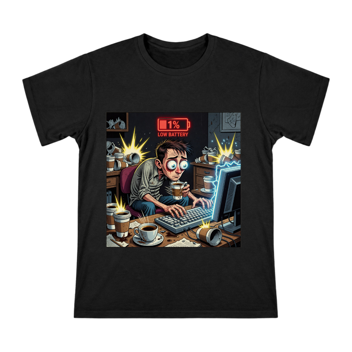 Low Battery: Caffeine Survival Graphic Tee front [ai-pod:3f22f174a24d93a500cea3c23eae2288]