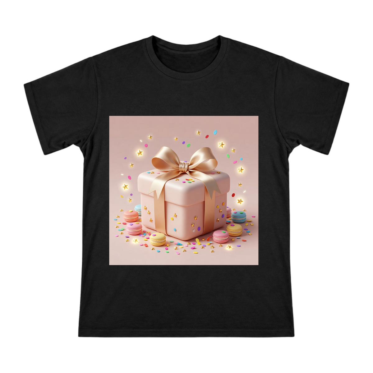 Champagne Gold Ribbon Bow and Pink Macaron Gift Box Men's Short Sleeve T-Shirt front [ai-pod:fde764a2b9f1062a8ae7e0fb9e76b0ca]