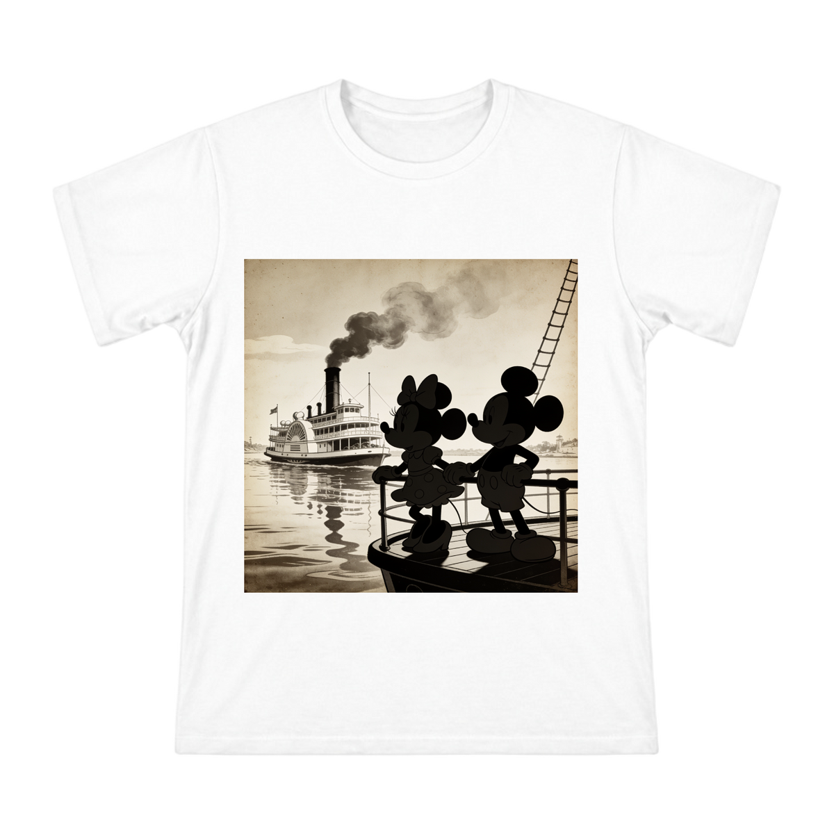 Vintage Steamboat Mickey and Minnie Silhouette T-Shirt front [ai-pod:2b612b31dfe2cf26e3917d5d51a2de06]