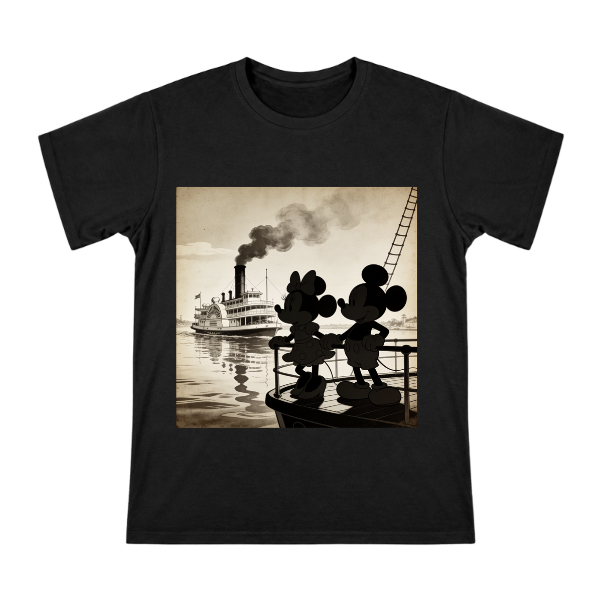 Vintage Steamboat Mickey and Minnie Silhouette T-Shirt front [ai-pod:f9d42c84c778f76a37db1c229f876e5a]