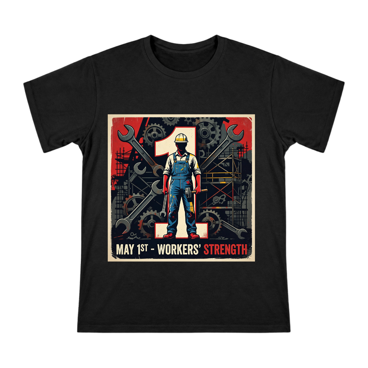 May Day Workers Strength Retro Industrial T-Shirt front [ai-pod:1a379bc576eebc2e36eb76456d0e1889]