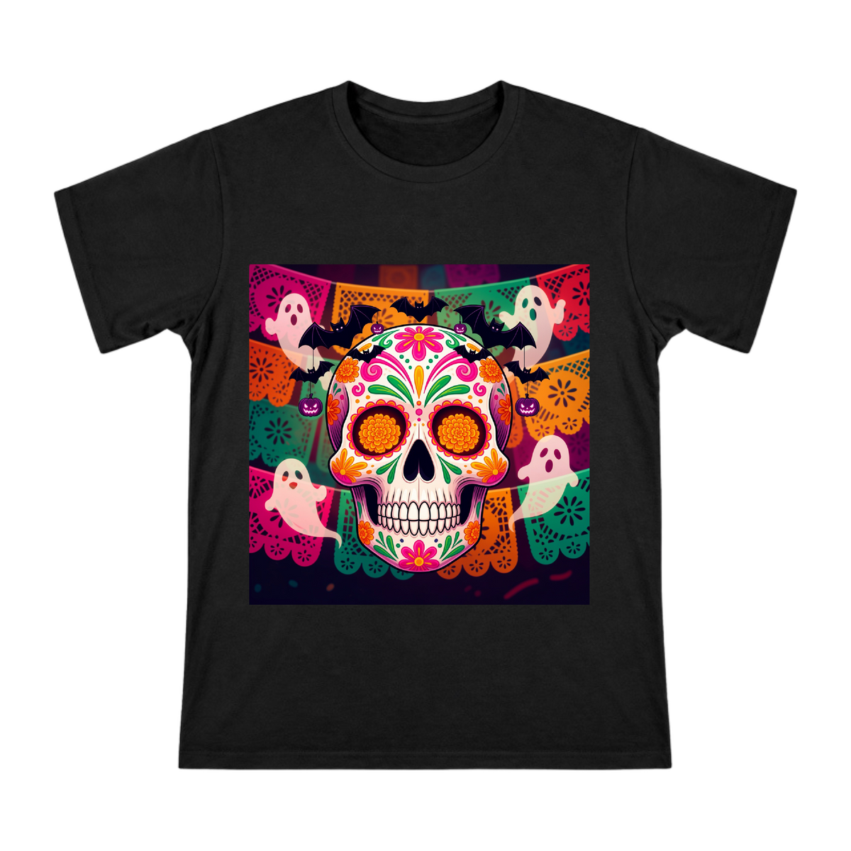 Halloween Sugar Skull with Marigolds T-Shirt front [ai-pod:ad3918a1ce0aa39af7bed2204c180e85]