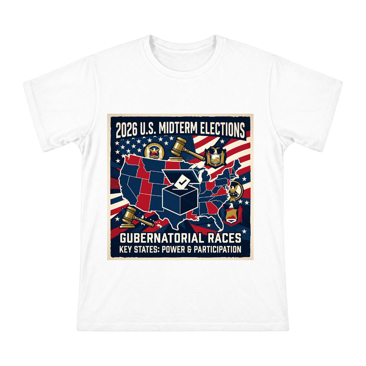 2026 US Midterm Election Governor Race Retro Poster Men's Custom Print T-Shirt front [ai-pod:d33a9b83fe525b9d8012bd9088bf0832]