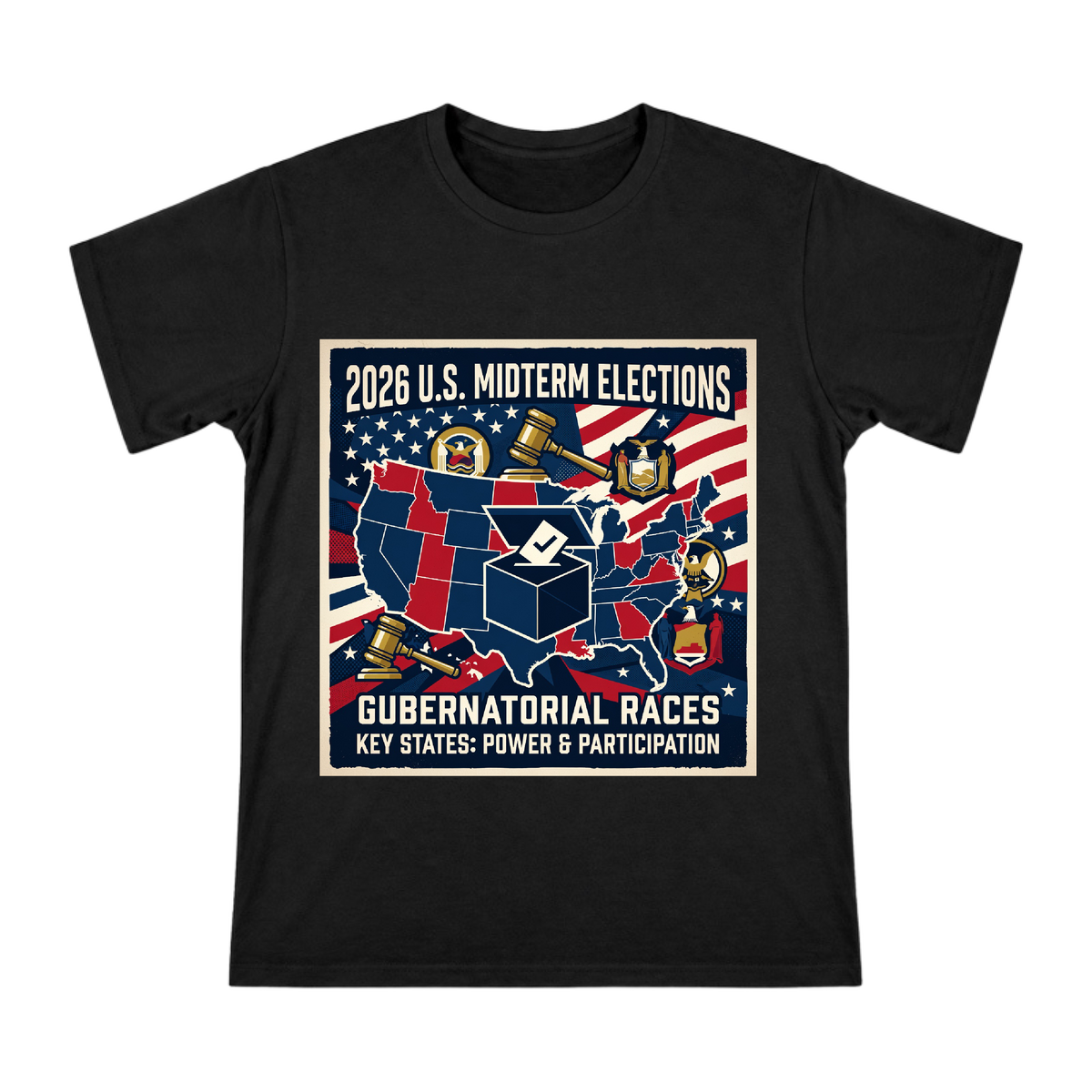 2026 US Midterm Election Governor Race Retro Poster Men's Custom Print T-Shirt front [ai-pod:0c5977cebde5d6a4990f97aa7ec55c7f]