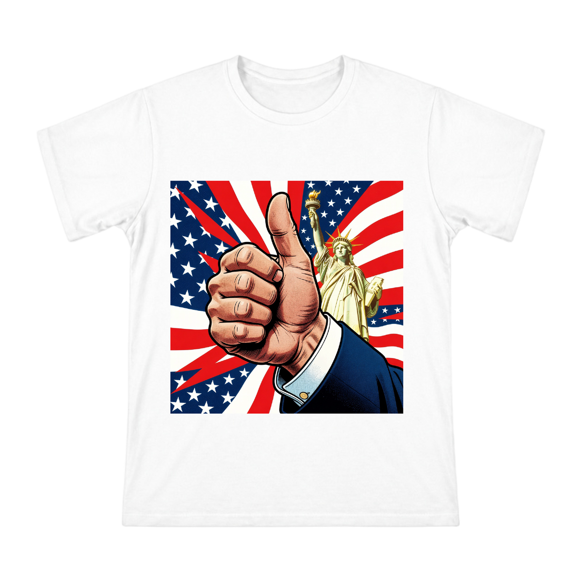 American Retro Pop Art Statue of Liberty Thumbs Up Illustration Men's Short Sleeve T-Shirt front [ai-pod:a5467150969dc986e98cbfc657e7f1b0]