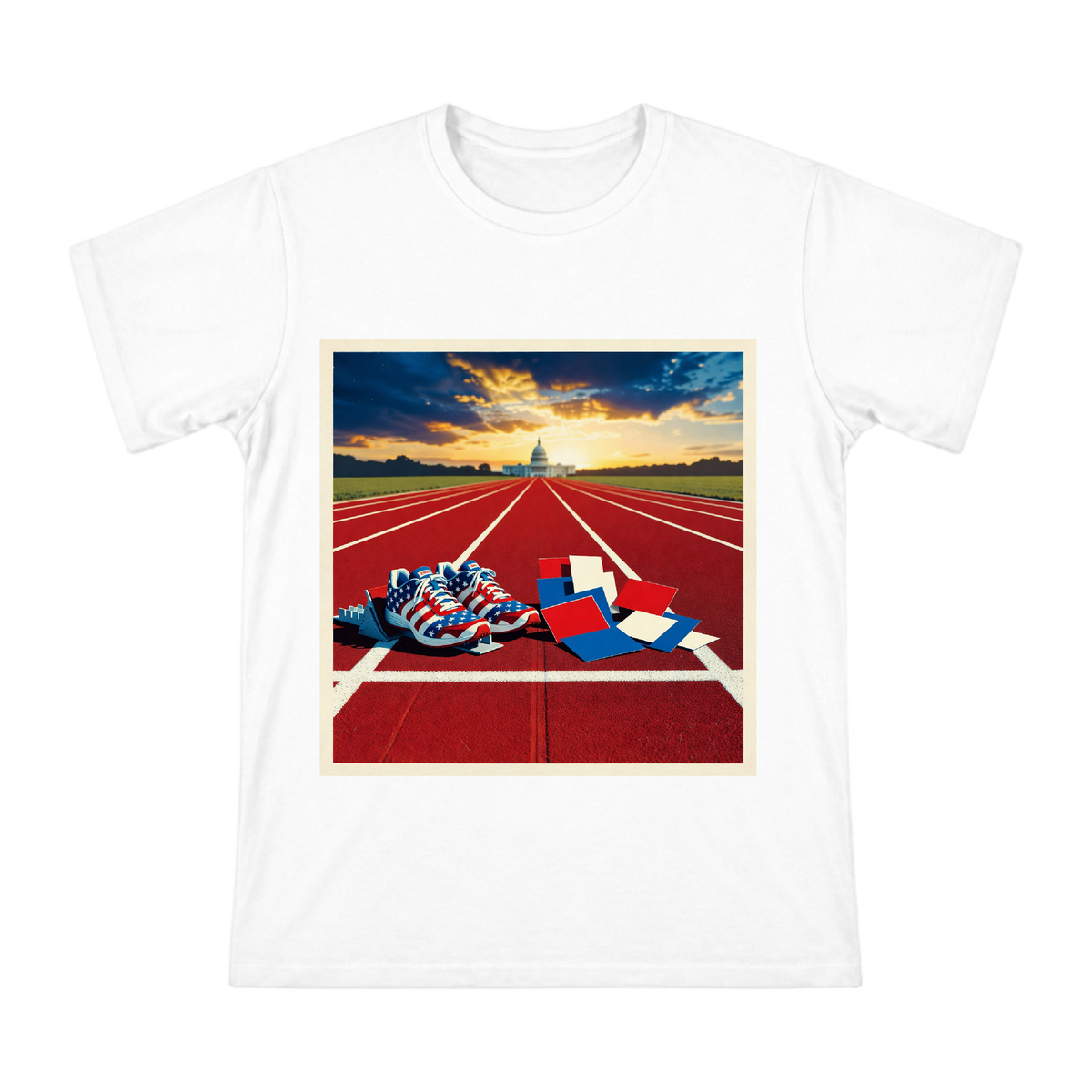American Flag Running Shoe and Geometric Vote Pop Art Men's Custom T-Shirt front [ai-pod:de6b4382fc6296a413ef097556780ddf]
