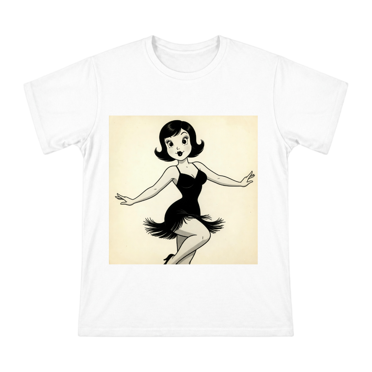 Retro Jazz Dance: Vintage Black-and-White Cartoon Lady T-Shirt front [ai-pod:3bd6552265fac482bd6e08d88e40b18f]