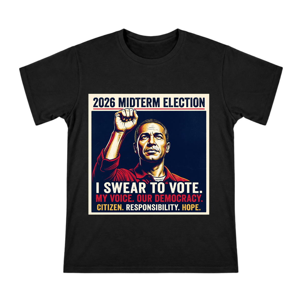 2026 Midterm Election Oath & Vote Retro Poster T-Shirt front [ai-pod:d8a1501e9b58e3c326aa57c1ab331048]