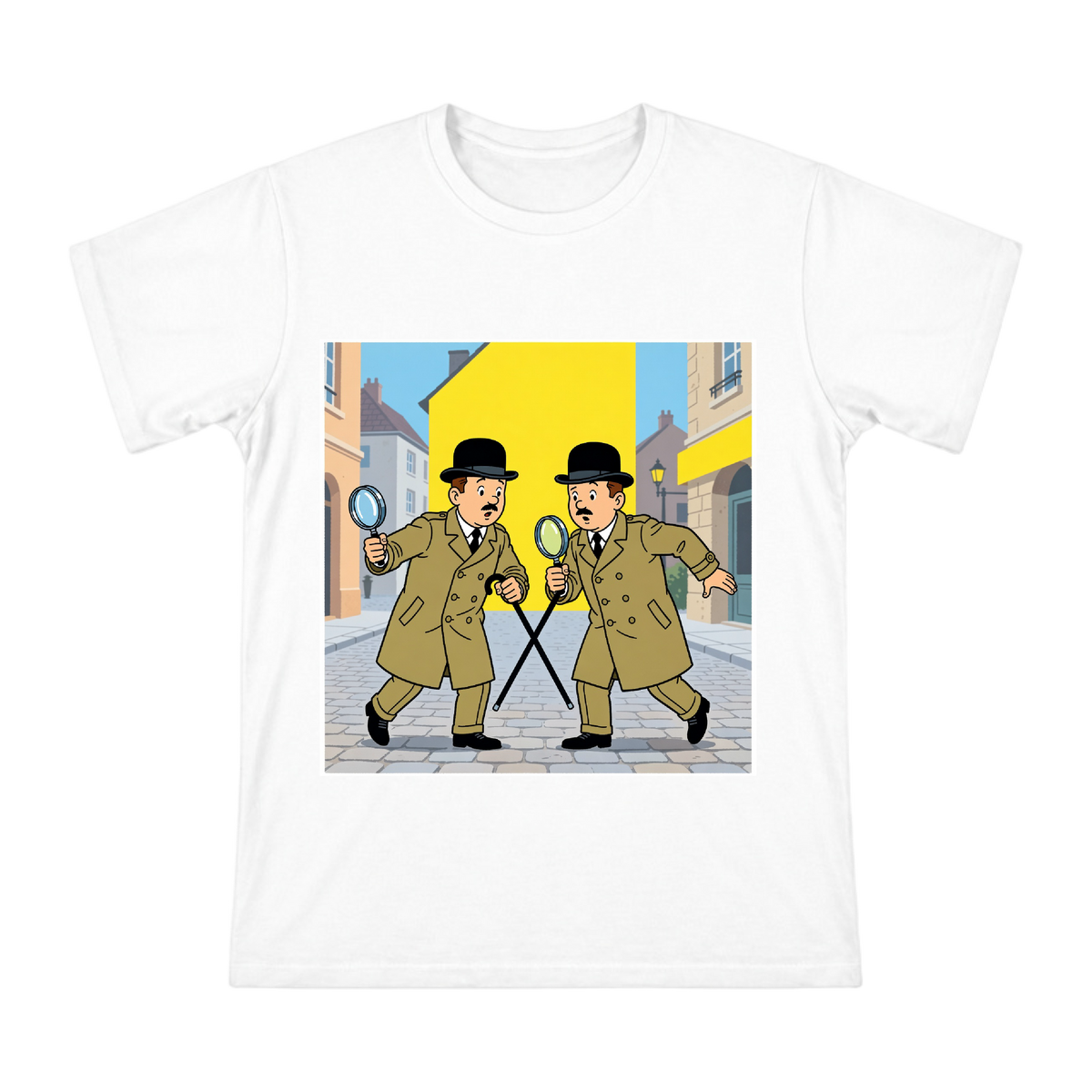 Clueless Detective Twins Retro Comic Men's T-Shirt front [ai-pod:c6b2e1ebf42d955e0ab475548062fb6c]
