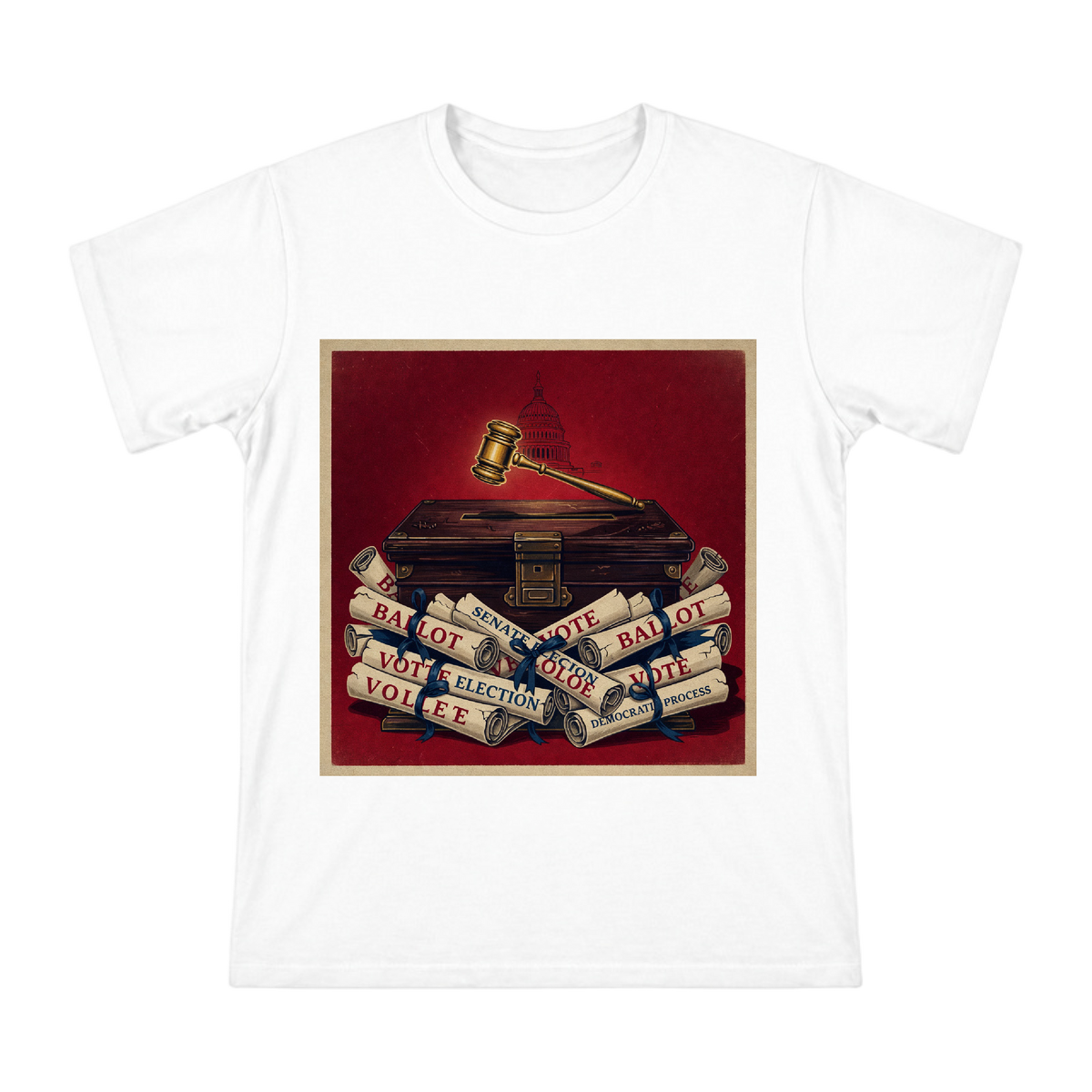 Classical Democracy Voting Box and Gavel Retro Illustration Men's Cotton T-Shirt front [ai-pod:6c0cddc83a7c1c1bae5875fb979f904d]