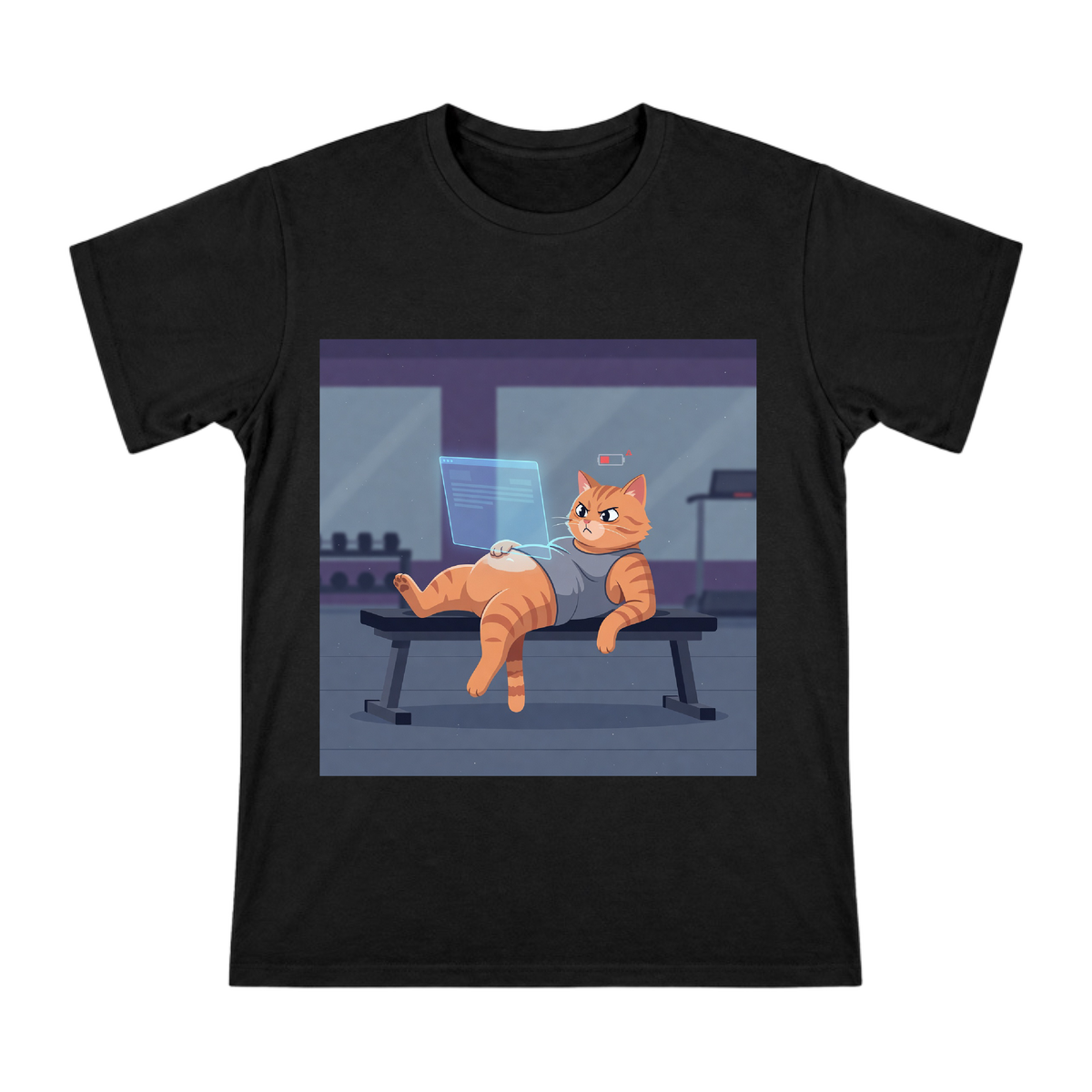 Gym-Relaxed Orange Cat with Holographic Screen Custom Print Men's Cotton T-Shirt front [ai-pod:f90936925382619b215699f25aa5b397]