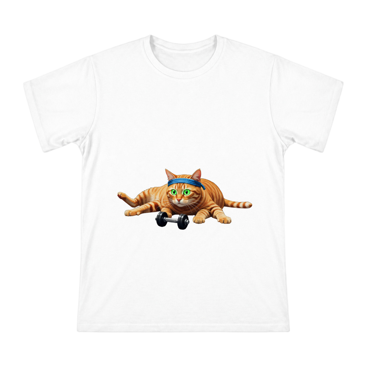 Fitness Orange Tabby Cat Staring at Dumbbell Retro Illustration Men's Short Sleeve T-Shirt front [ai-pod:59dd1583265c394adaf51bcbca9c7f7e]