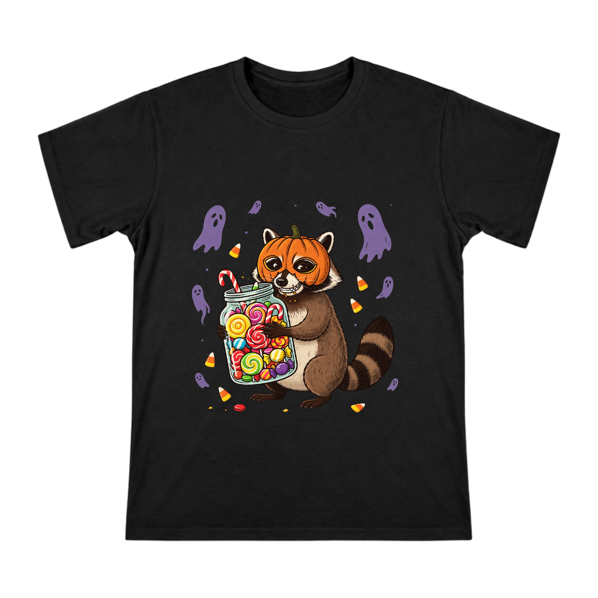 Halloween Raccoon with Pumpkin Mask and Candy Jar Print Men's Short Sleeve T-Shirt front [ai-pod:5ae3b021697d5d9e40a6edcb8d081f77]