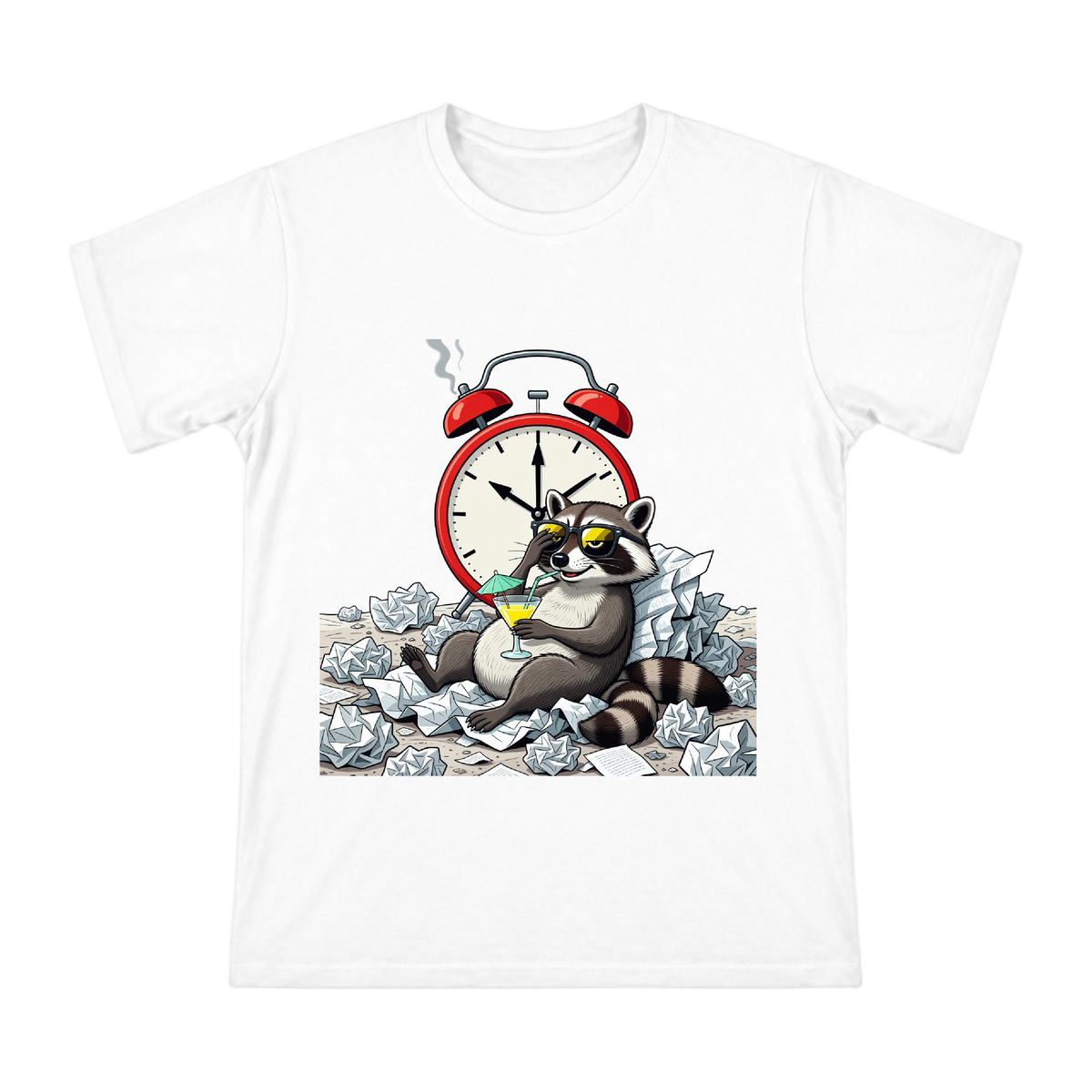 Raccoon Lounging on Paper Beach with Retro Alarm Clock Men's Custom T-Shirt front [ai-pod:a52284eaf8141f1cd9f7f6ca2226a506]