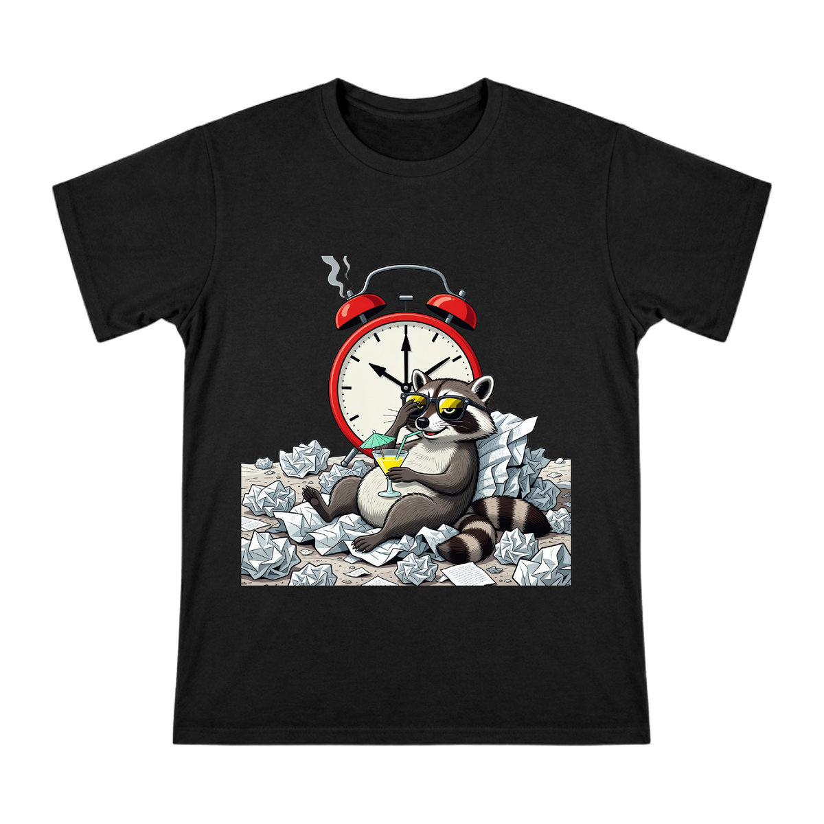 Raccoon Lounging on Paper Beach with Retro Alarm Clock Men's Custom T-Shirt front [ai-pod:aba37b46113cba4cf585f87963a5e674]