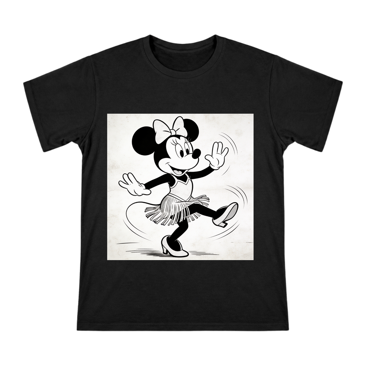 Retro Black-and-White Minnie Mouse Charleston Dance T-Shirt front [ai-pod:f4730b16788d6b5a537343c382efc842]