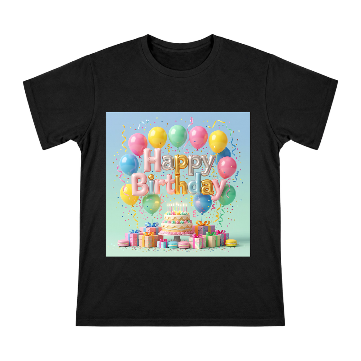 Happy Birthday 3D Typography and Balloons Men's Cotton T-Shirt front [ai-pod:78ac8b5eabe1ff1226f0a804f1f0f9d9]