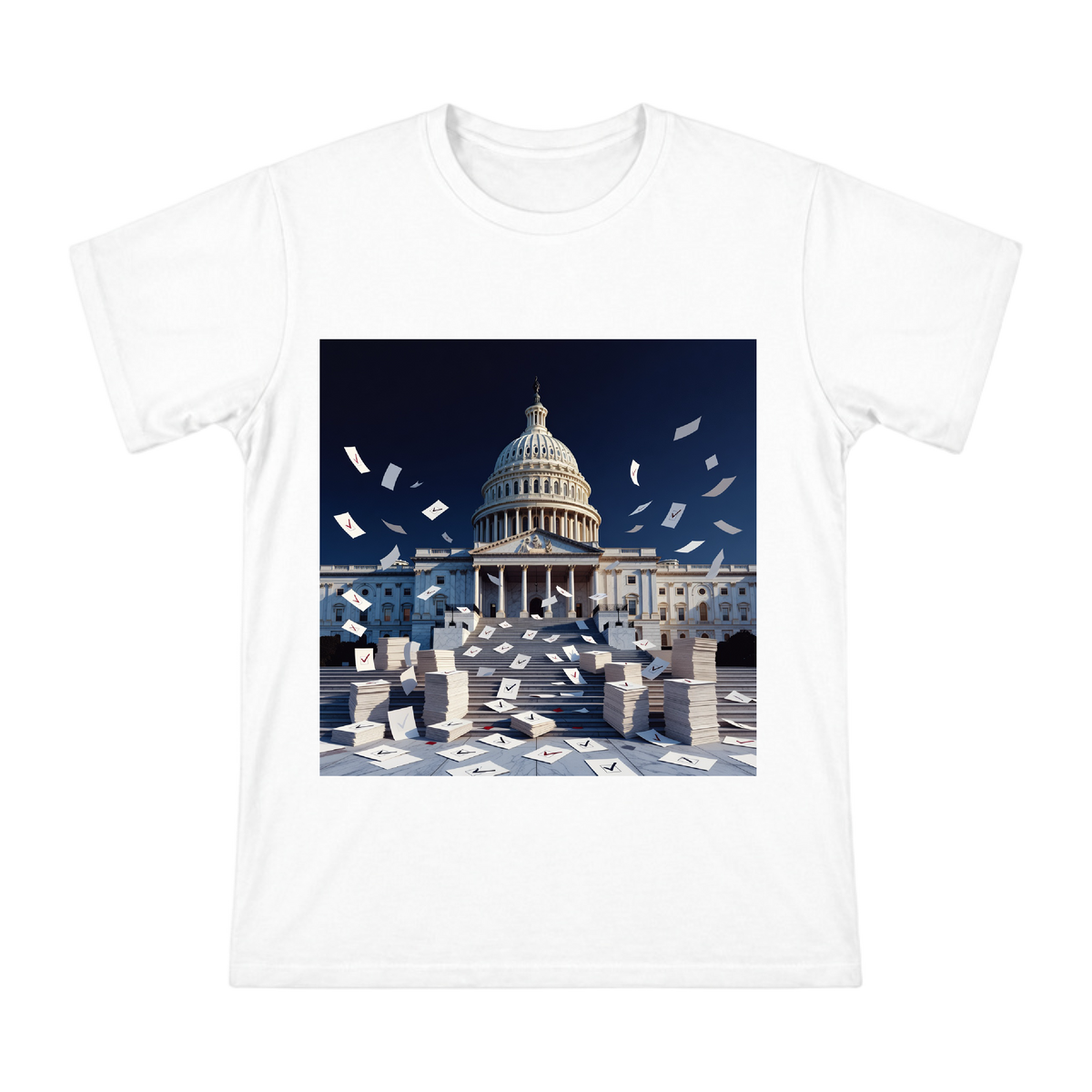 US Capitol Dome and Voting Ballots Men's Custom Print T-Shirt front [ai-pod:5b966b8be5a5940c5b57229b3db47b39]