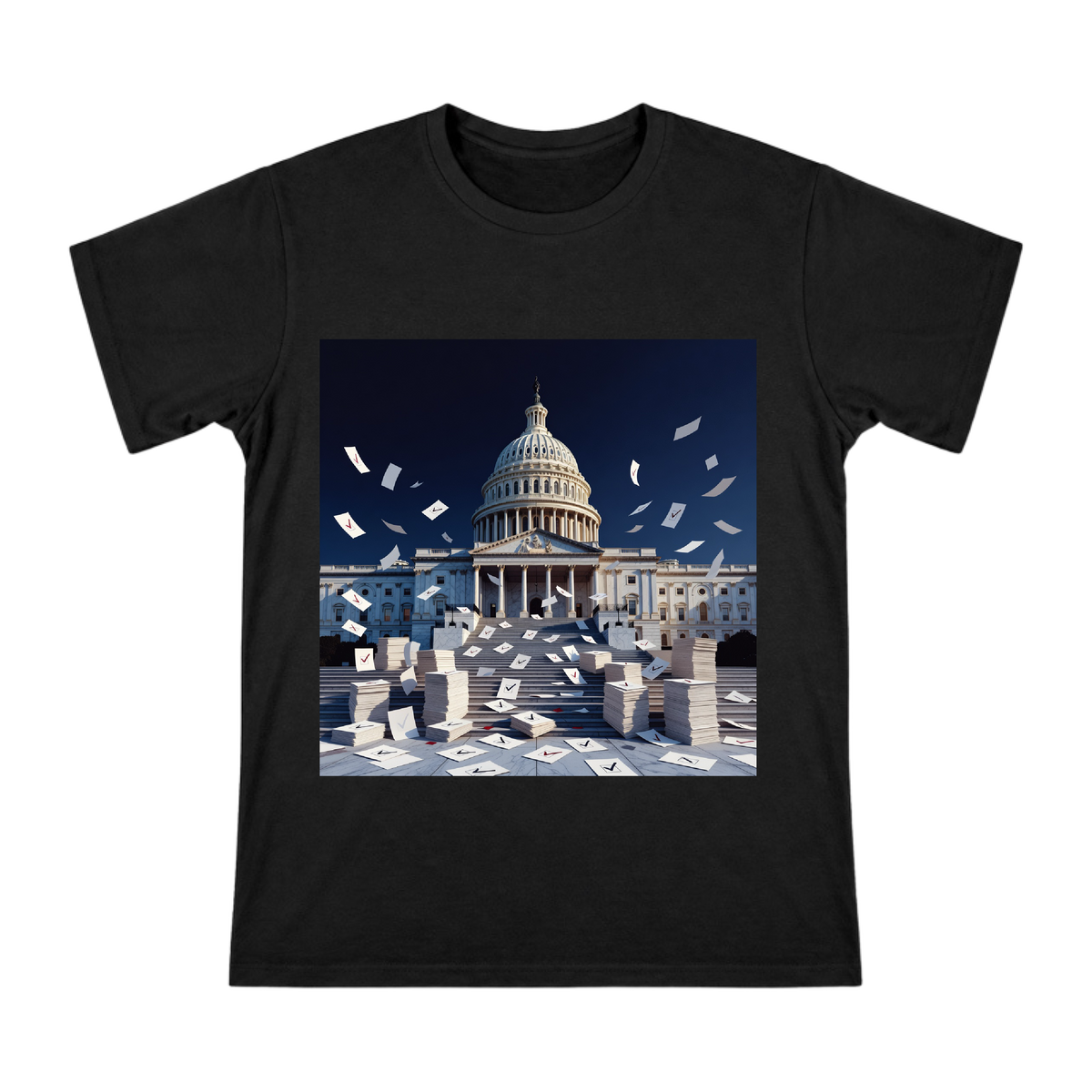US Capitol Dome and Voting Ballots Men's Custom Print T-Shirt front [ai-pod:dc6ee9813b777aa992eaf7956af13caa]