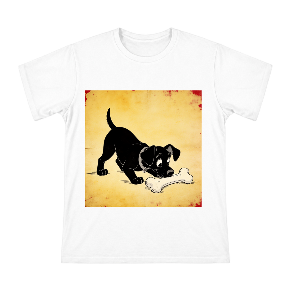 Vintage 1930s Cartoon Black Dog Sniffing Bone Print Men's Cotton T-Shirt front [ai-pod:f5f053248d9ed08db9139ac309d7ef2b]