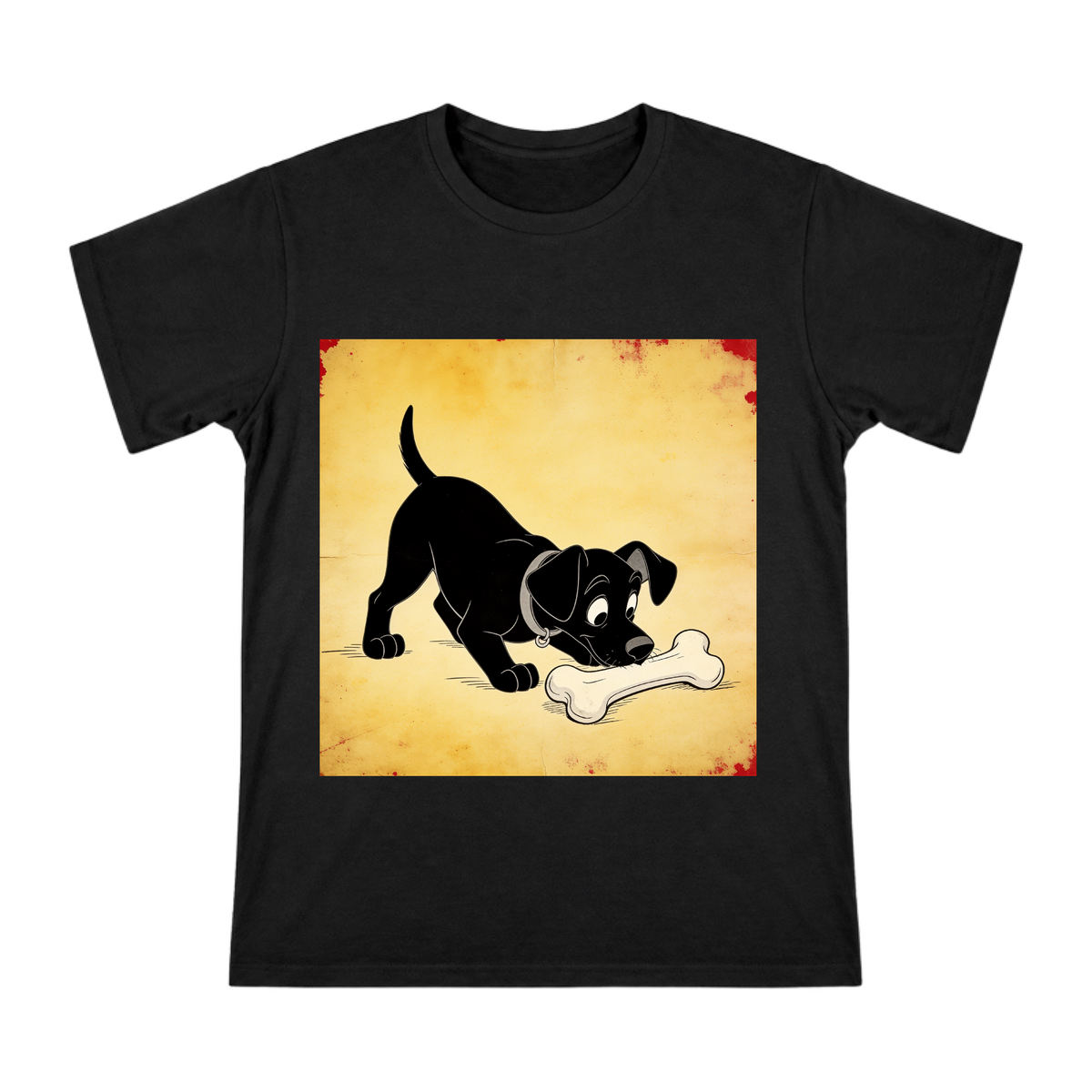 Vintage 1930s Cartoon Black Dog Sniffing Bone Print Men's Cotton T-Shirt front [ai-pod:cbab6648659fbaf121a3d1a146a117af]