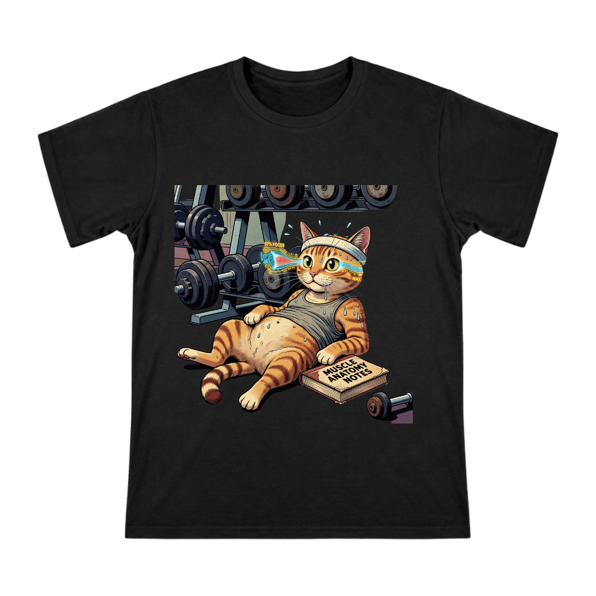 Funny Gym Cat with Muscle Anatomy Book Retro Comic Men's T-Shirt front [ai-pod:2967050089be50282546f2419b193f75]
