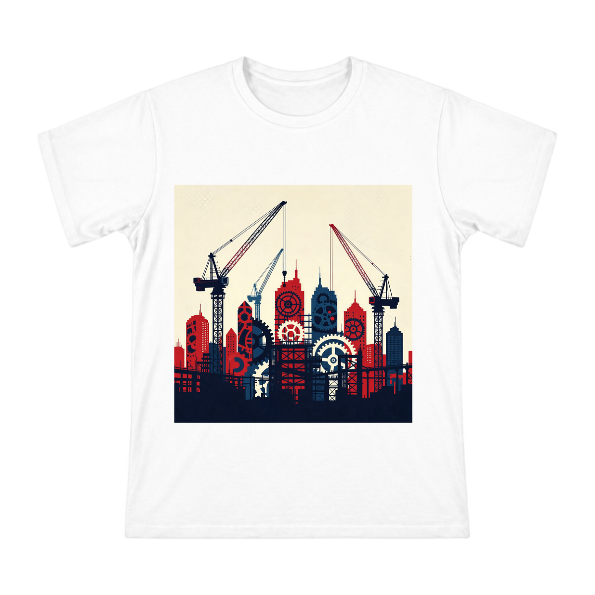 Retro Industrial Gears and Crane City Silhouette Men's Cotton T-Shirt front [ai-pod:a36ae7d67ebe0bac661f1e049e56f2ac]