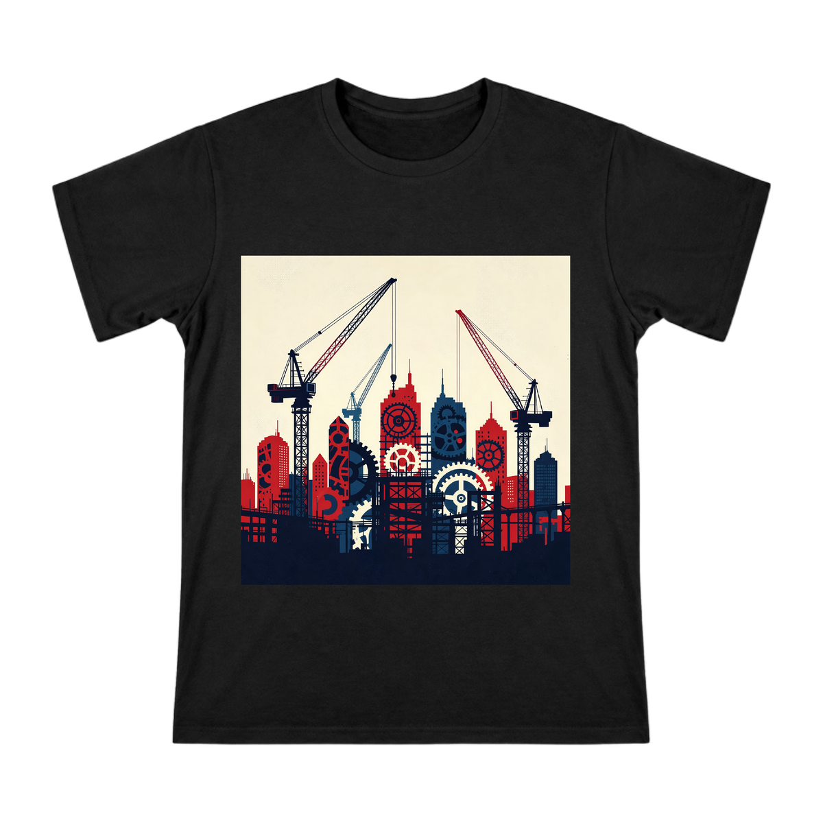 Retro Industrial Gears and Crane City Silhouette Men's Cotton T-Shirt front [ai-pod:abc1833eeb743f2603608aafe5f18b0b]