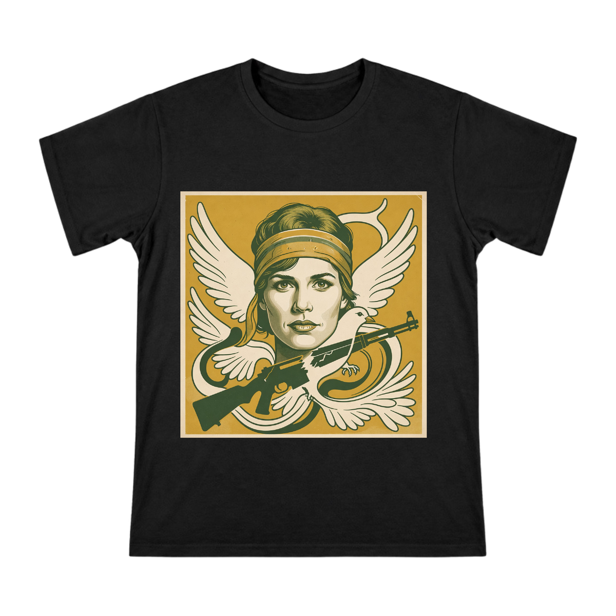 Retro Peace Manifesto Woman with Broken Rifle and Dove Men's T-Shirt front [ai-pod:3cc228477c8f796b475550f75d719118]
