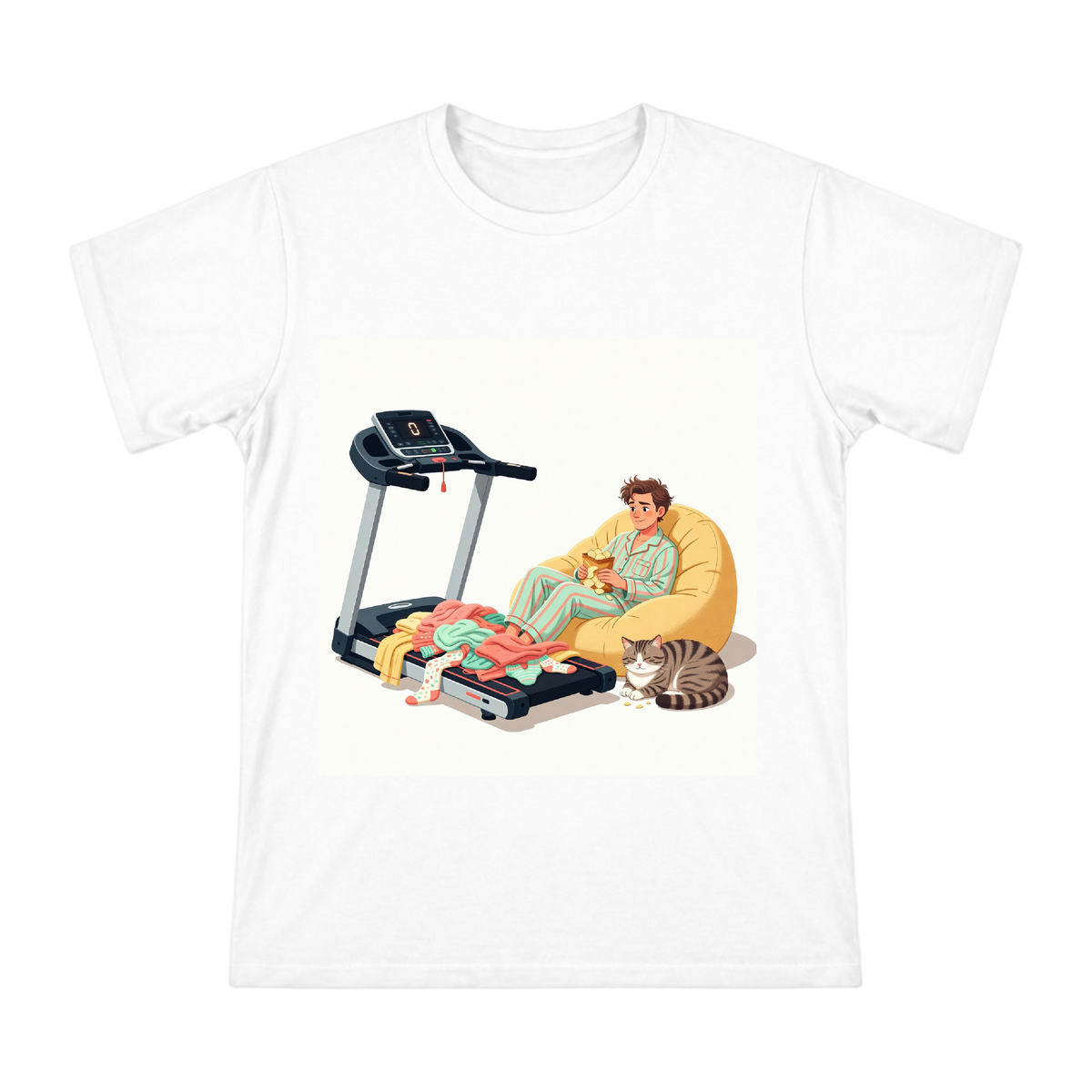 Lazy Home Life with Treadmill and Snacks Custom Men's Cotton T-Shirt front [ai-pod:5a56c26fe8b9e18466946e73b2dda7bc]