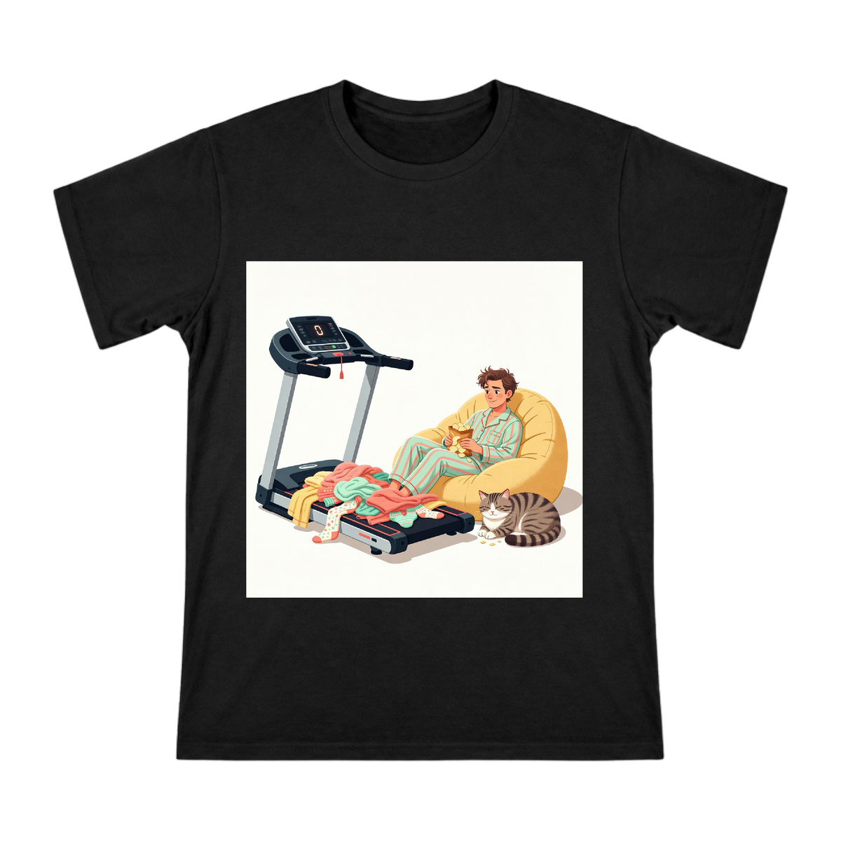 Lazy Home Life with Treadmill and Snacks Custom Men's Cotton T-Shirt front [ai-pod:28cf83d07d6d7aaeb05b18fab9a4c105]