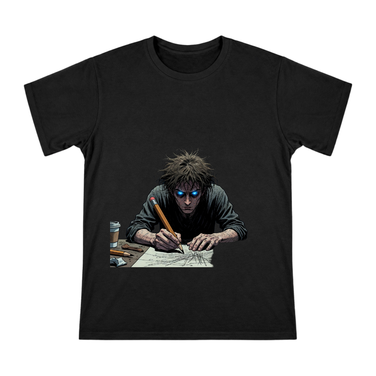 Exhausted Artist with Glowing Blue Eyes Custom Print Men's Short Sleeve T-Shirt front [ai-pod:21c93f99fa7204fd1cf9e86eb585dbd5]