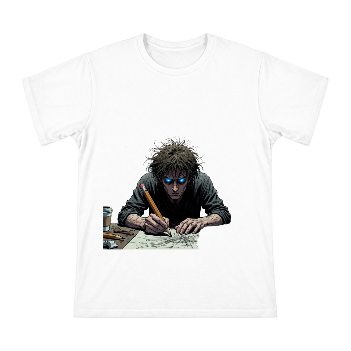 Exhausted Artist with Glowing Blue Eyes Custom Print Men's Short Sleeve T-Shirt front [ai-pod:b1648e6bbe5c2c08228b2ebd3df44506]