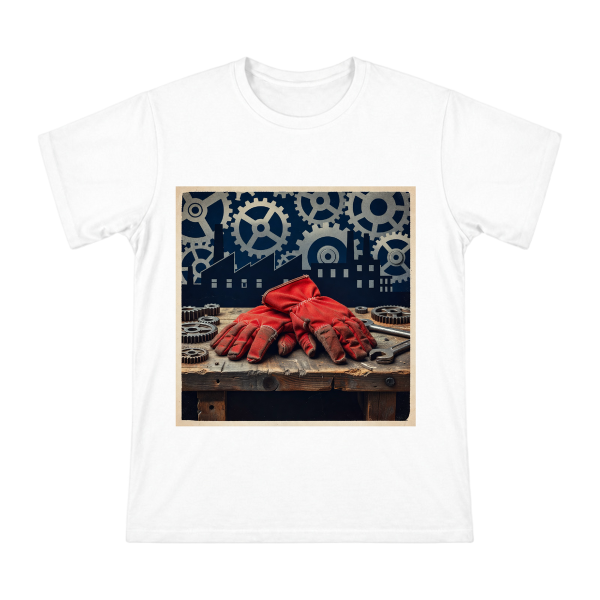 Vintage Industrial Red Canvas Work Gloves Men's Custom Print Cotton T-Shirt front [ai-pod:994d2ae6cb1d7271cbdb0a06e6510d32]