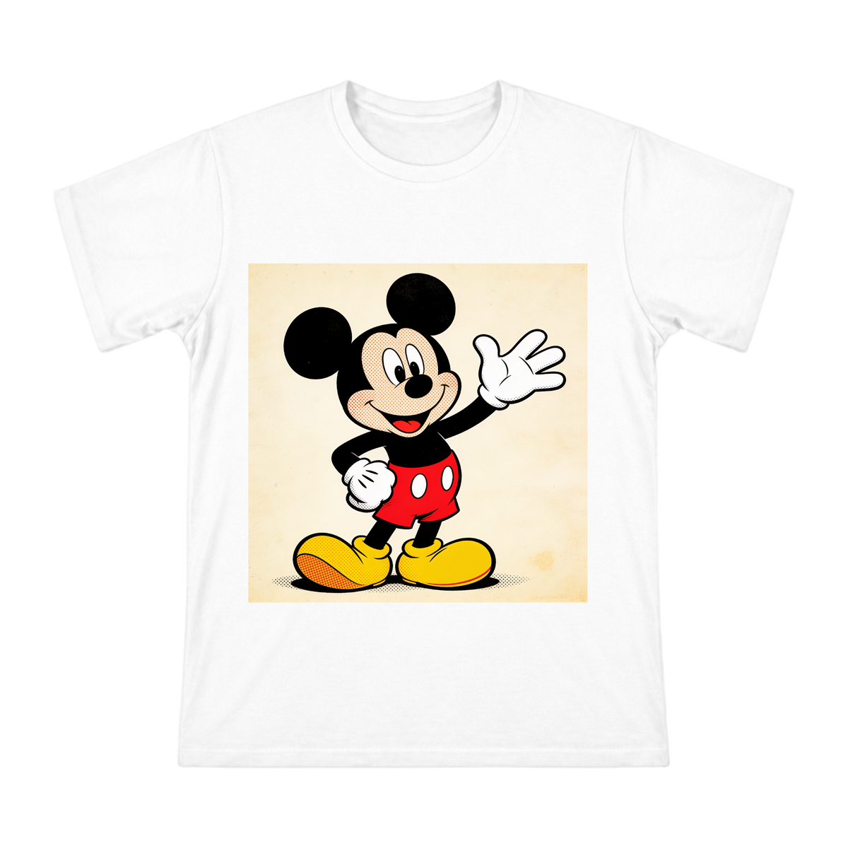 Retro Halftone Mickey Mouse Waving Graphic Men's Cotton T-Shirt front [ai-pod:f8288f1039d47a1e1631a8d2768a8b5c]