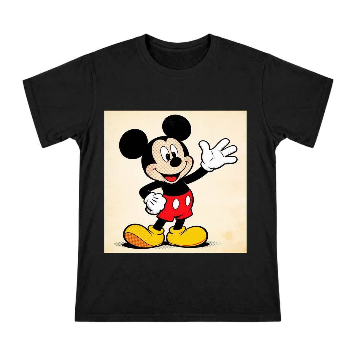 Retro Halftone Mickey Mouse Waving Graphic Men's Cotton T-Shirt front [ai-pod:5b84b185b7479329a56eb24722b6b308]