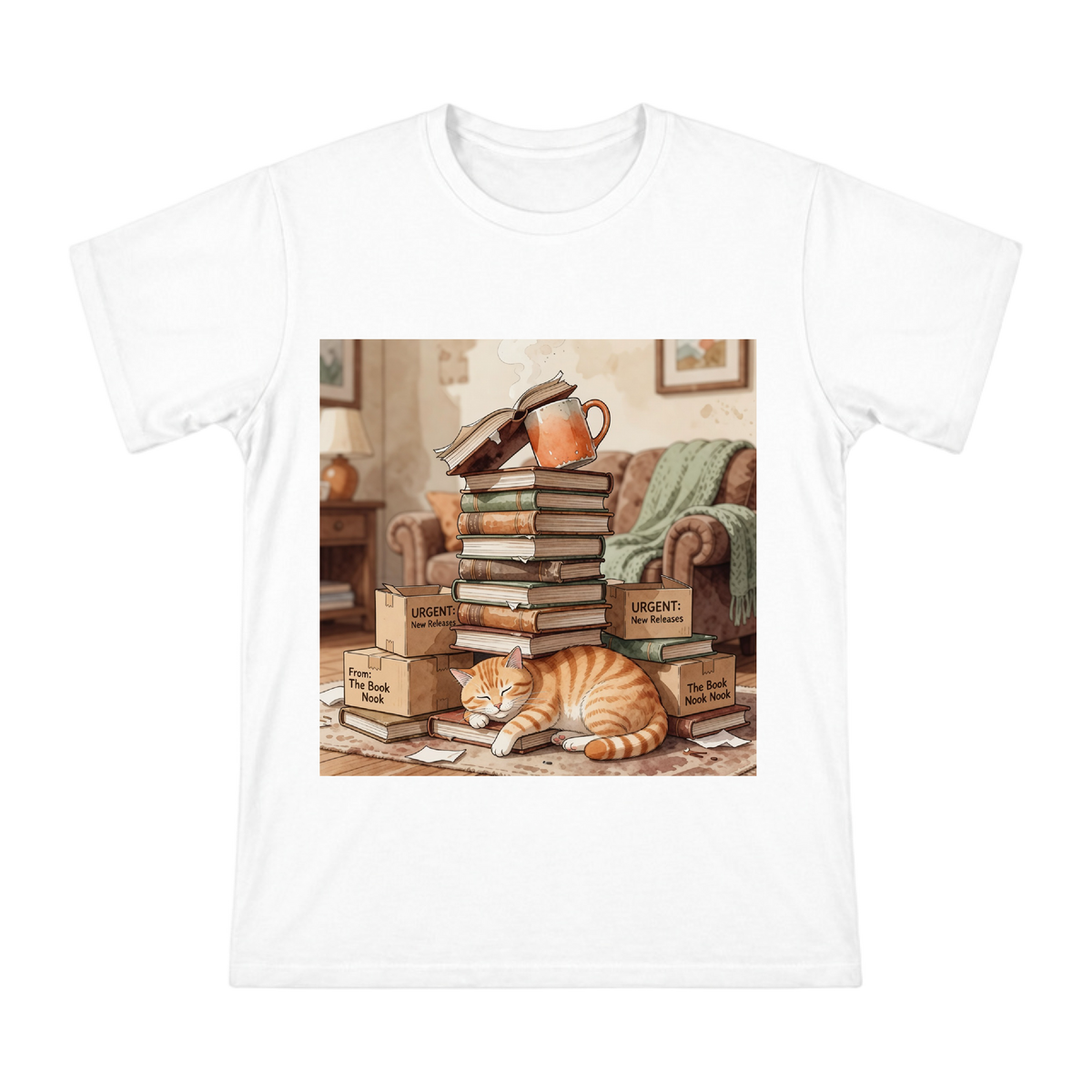 Orange Cat Sleeping Among Book Stacks Custom Men's Short Sleeve T-Shirt front [ai-pod:0f4650695e22c5dfead68d7664ec2d37]