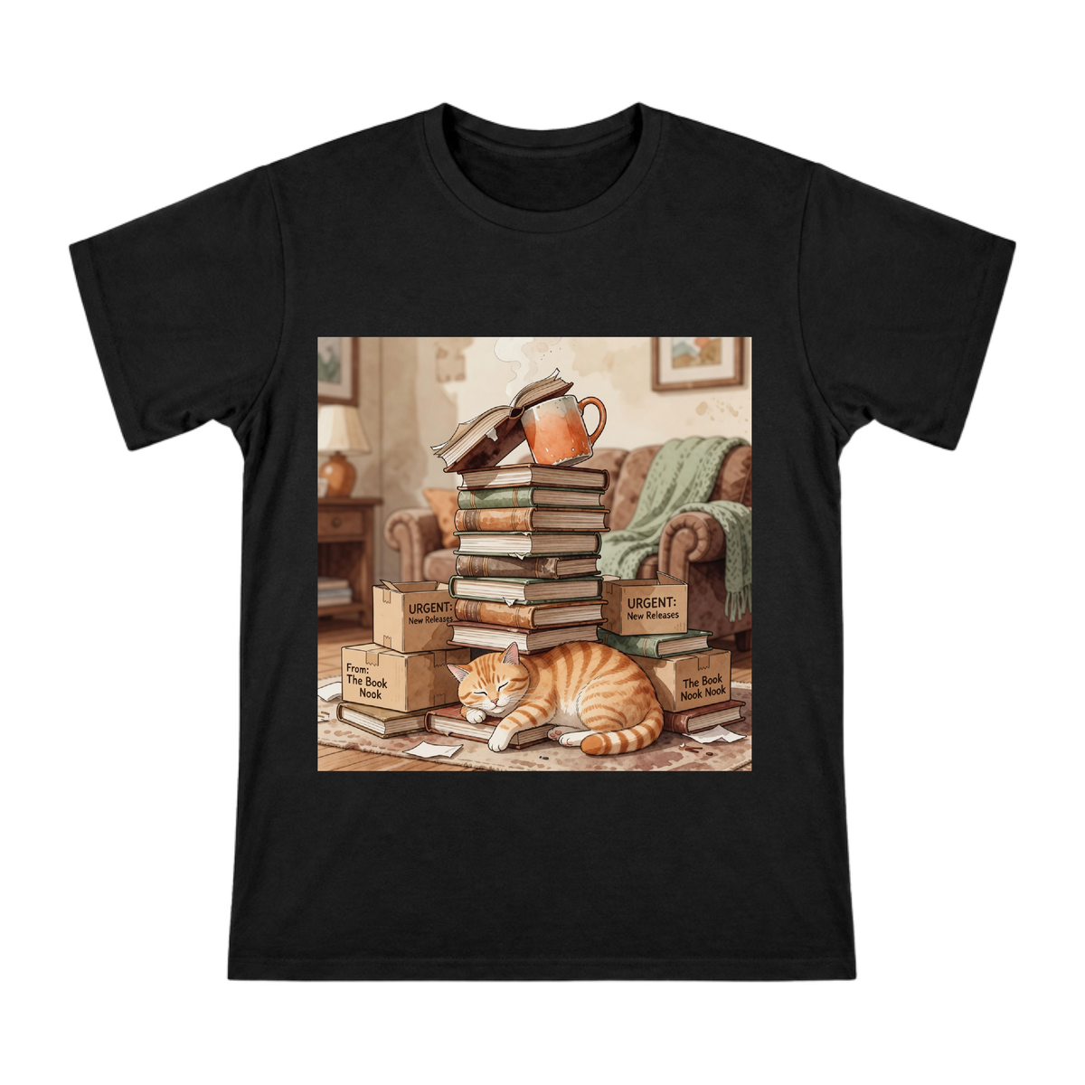 Orange Cat Sleeping Among Book Stacks Custom Men's Short Sleeve T-Shirt front [ai-pod:034e0661d8e4505cdc042b0acaa88121]