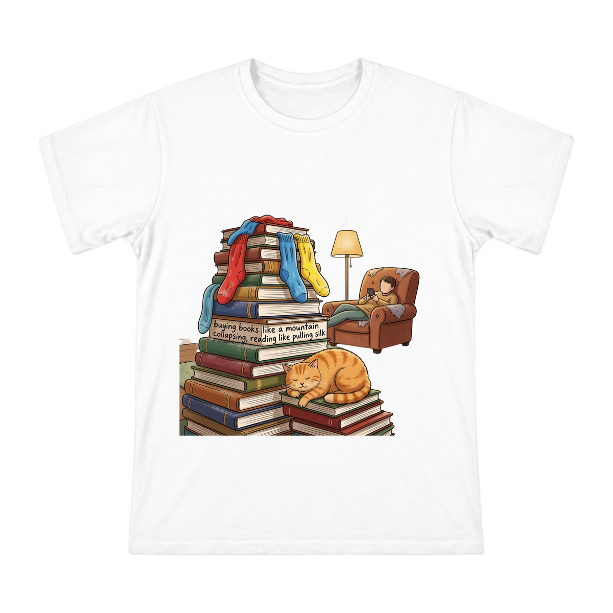 Buy Books Like Rain, Read Like Silk - Cozy Home Humor T-Shirt front [ai-pod:3c7b536bb81187221091484b2bac1a96]