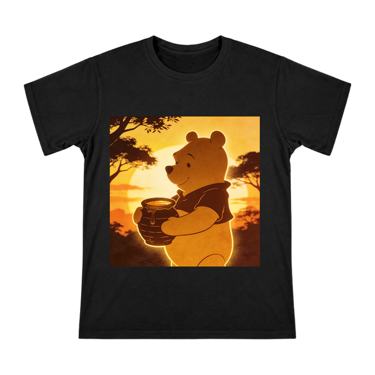 Warm Light Silhouette Bear with Honey Pot Custom Print Men's Cotton T-Shirt front [ai-pod:1bb25d3303b68edc73e5cd34f9fa95c3]