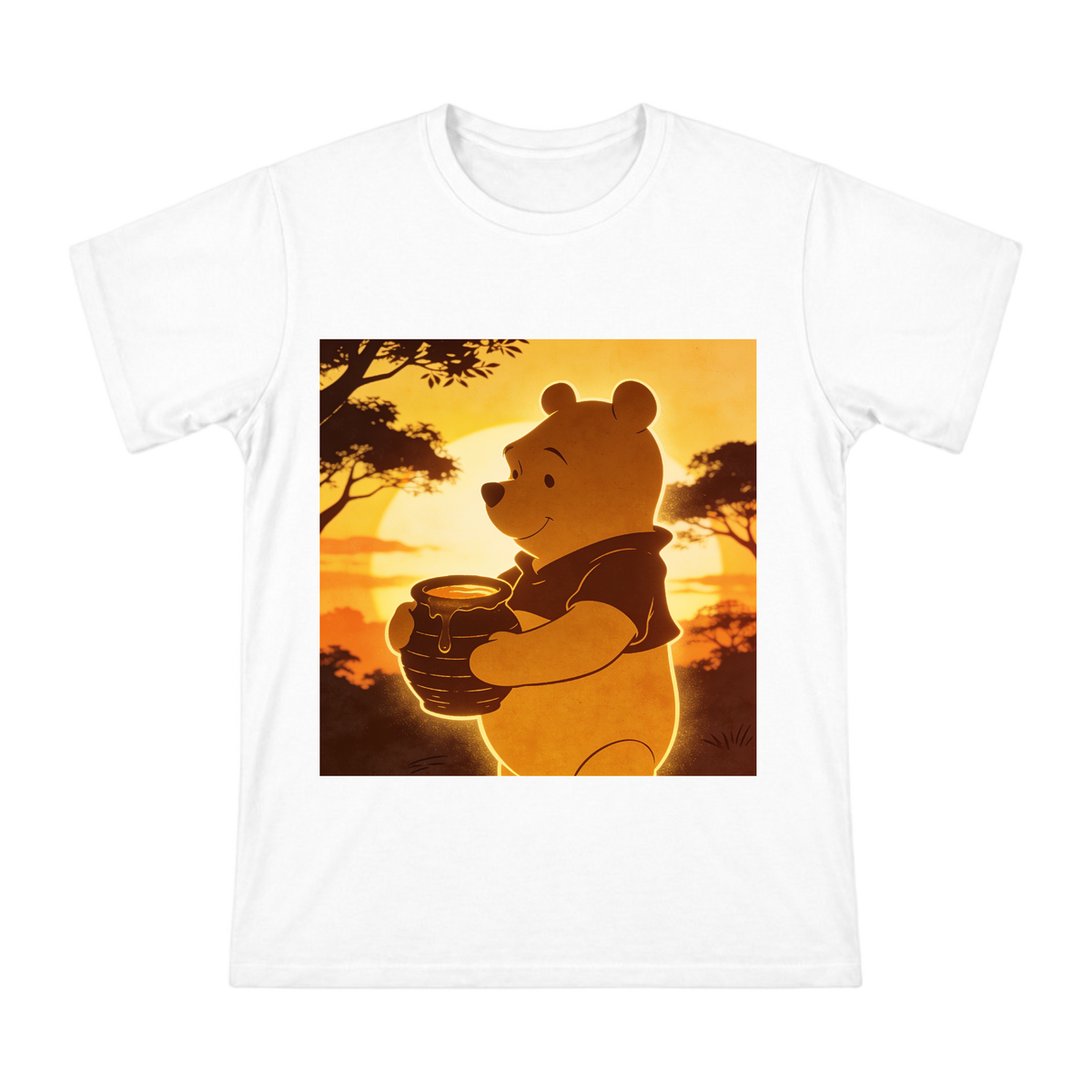 Warm Light Silhouette Bear with Honey Pot Custom Print Men's Cotton T-Shirt front [ai-pod:9ee1f4048c399a69f738121af6639e19]