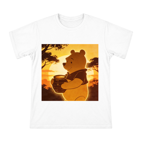Warm Light Silhouette Bear with Honey Pot Custom Print Men's Cotton T-Shirt front [ai-pod:9ee1f4048c399a69f738121af6639e19]