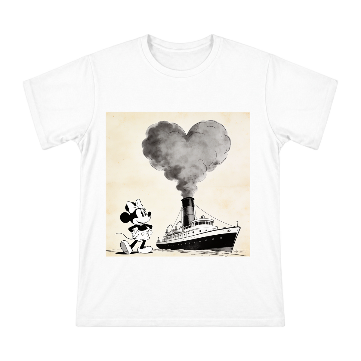 Vintage Minnie Mouse Heart Steamboat Illustration Men's Short Sleeve Cotton T-Shirt front [ai-pod:36fd34868ba4edbf490dd8b7747efbf3]