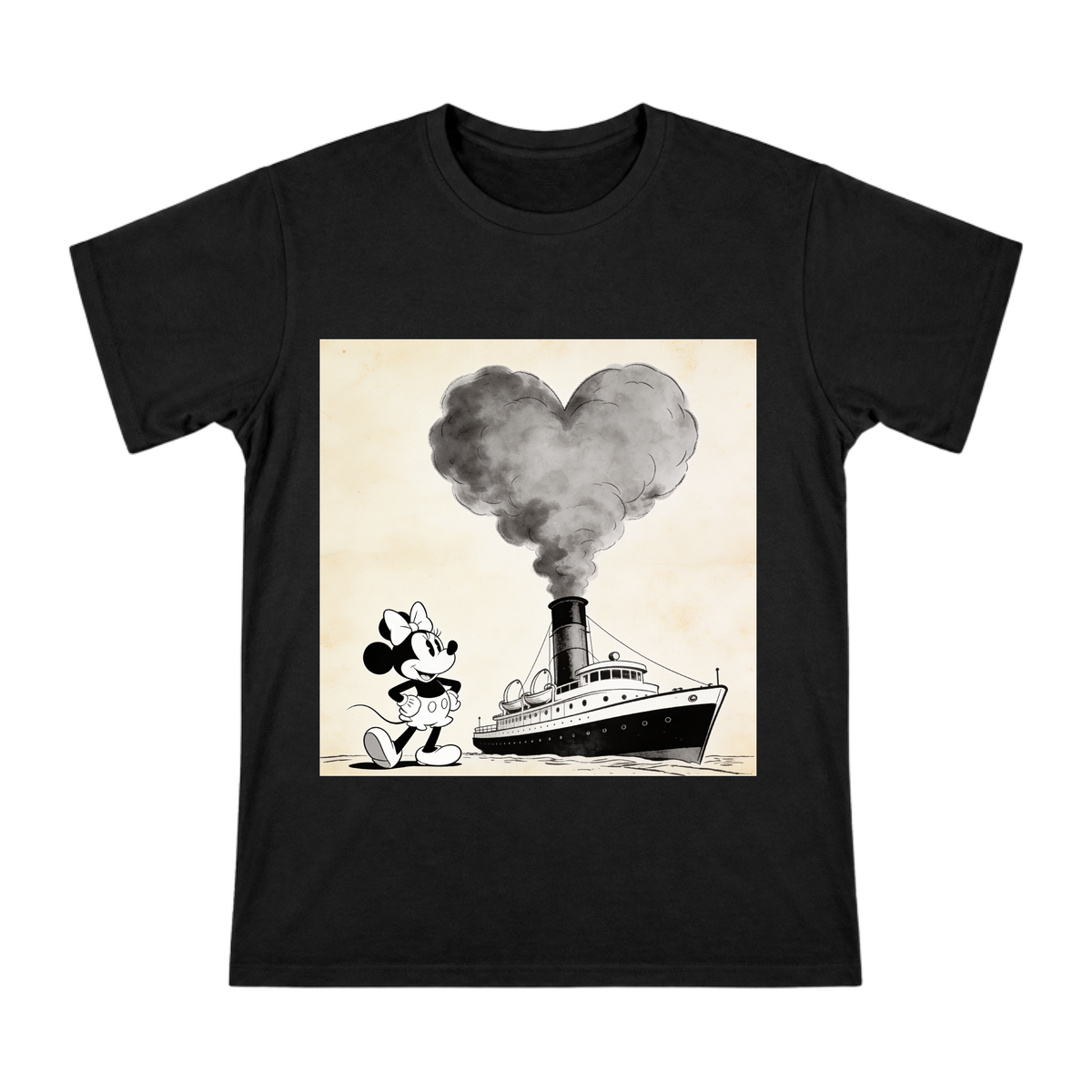 Vintage Minnie Mouse Heart Steamboat Illustration Men's Short Sleeve Cotton T-Shirt front [ai-pod:620dec9f821a86a502ef844b857cab12]
