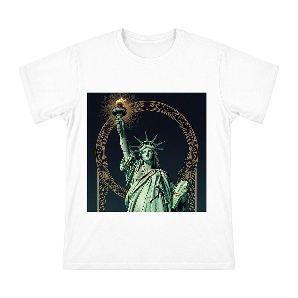 Statue of Liberty Art Nouveau Copperplate Engraving Men's Custom Print T-Shirt front [ai-pod:f1f0c23de969698c8a0aa9924f51534f]