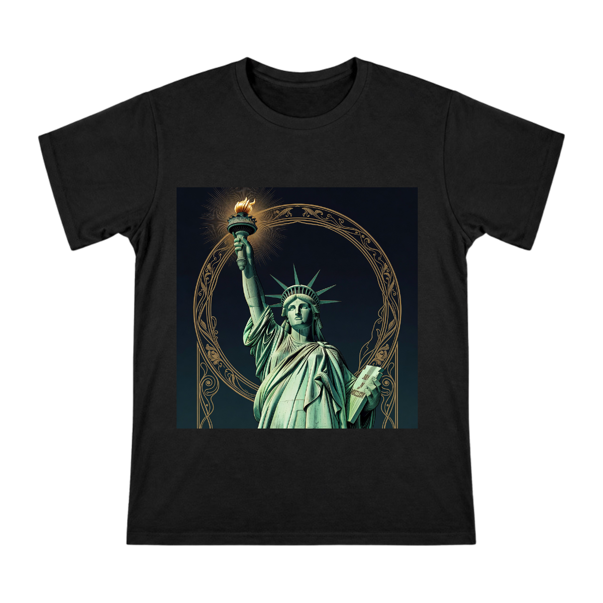 Statue of Liberty Art Nouveau Copperplate Engraving Men's Custom Print T-Shirt front [ai-pod:f1fef8775cdeb4a9e43edb9804d30455]